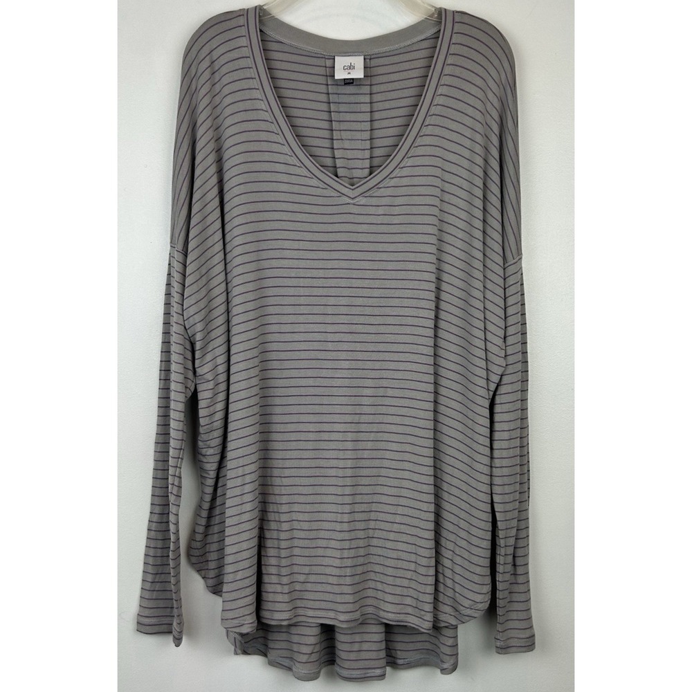 Cabi Tunic Top Women M Gray Purple Stripe V Neck Long Sleeve Soft Springy 4376